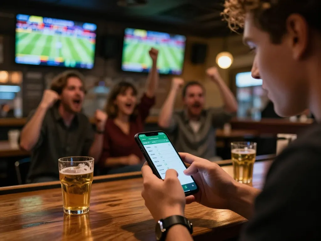 Tỷ lệ kèo nhà cái displayed on smartphone during a lively sports betting session at a vibrant sports bar.