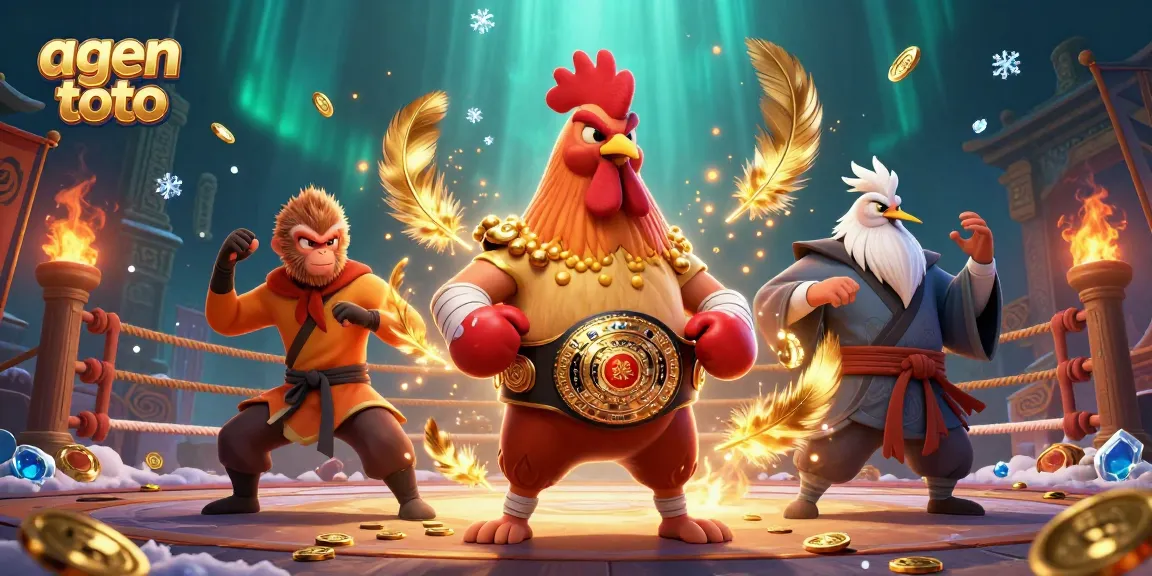 Engage with the agen toto experience, showcasing a Muay Thai rooster, Shaolin monkey, and wise crane in an energetic casino setting.