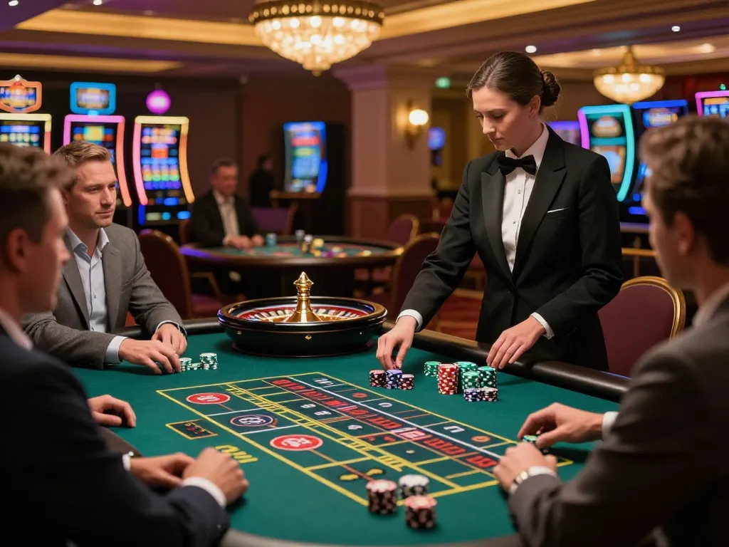 Players engaging in an exciting roulette game at NK88 casino, dynamic scene with croupier and vibrant atmosphere.