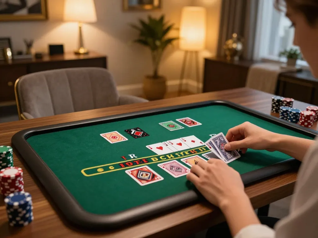 Engaged player enjoying blackjack at 789P online casino on tablet in cozy home office
