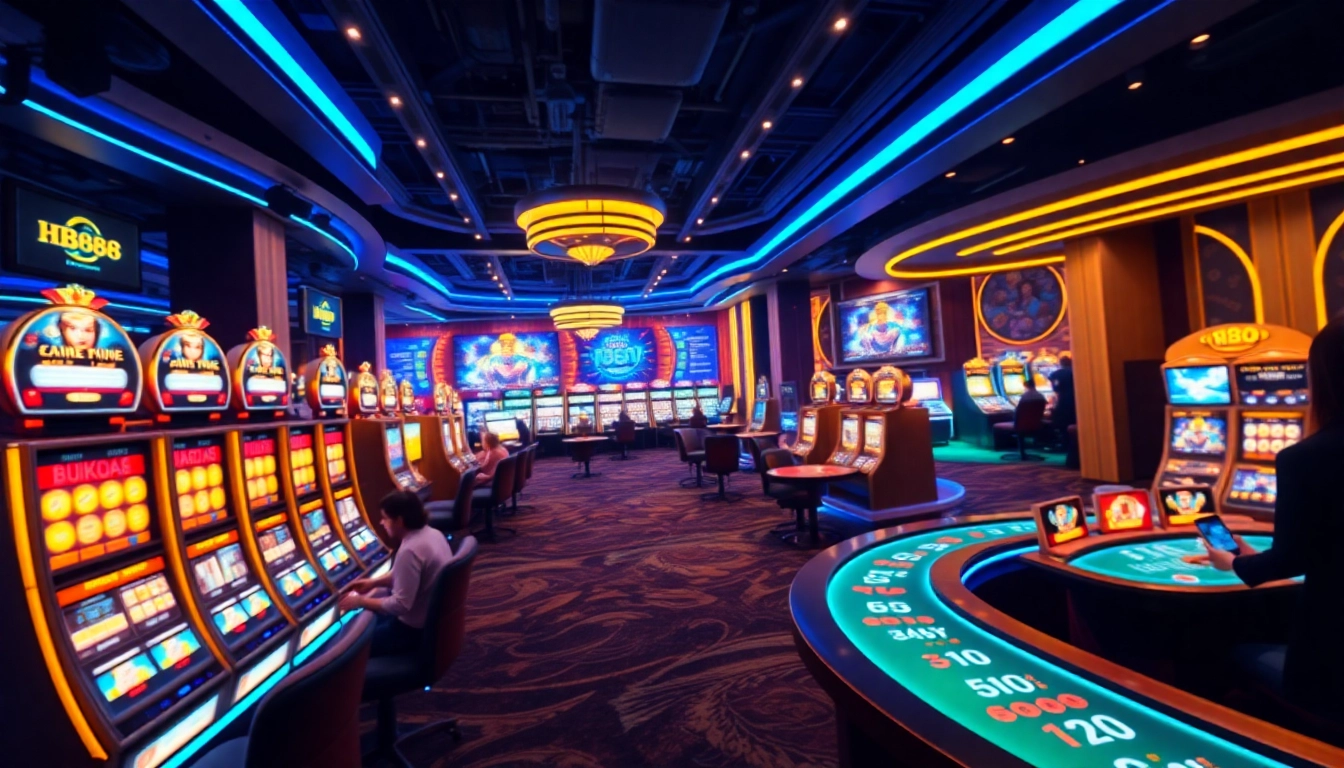 Exciting HB88 online casino experience with vibrant gaming tables and slot machines.