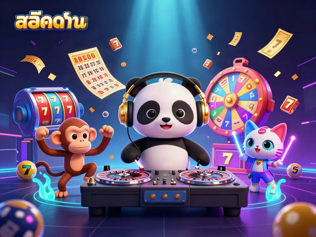 Engage in สล็อตทดลอง with an action-packed 3D scene featuring a DJ panda, dancing monkey, and kitten amidst vibrant slot game elements.