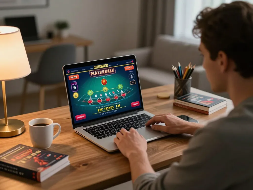 Engaging online blackjack gameplay on a laptop by rwin user in a cozy home office