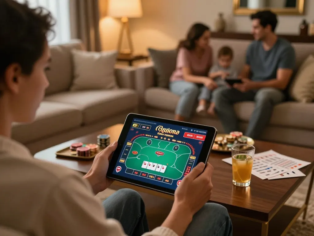hitclub player engaging in online gaming session on tablet in stylish home environment