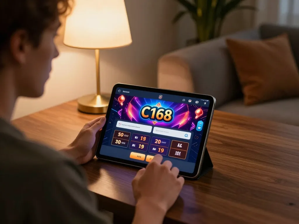 C168 players engage in dynamic online gaming with a vibrant tablet interface showcasing casino games.