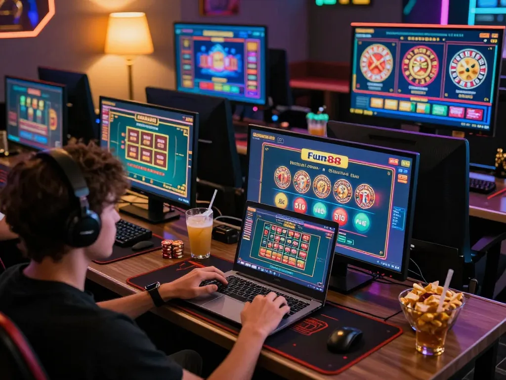 Player engaging with fun88 online casino games on a laptop in a cozy gaming setup