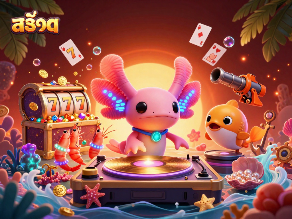 Experience excitement withสล็อต slots illustrated by a vibrant axolotl DJ and treasure-filled ocean scene