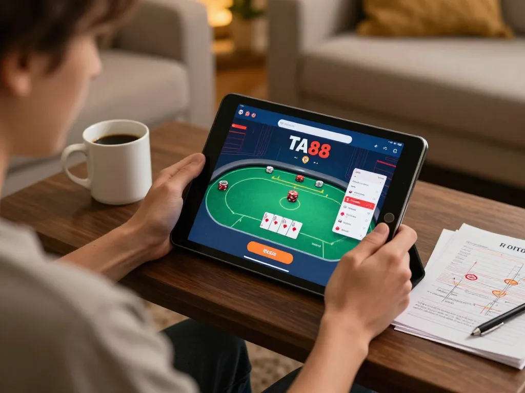 Engaging in strategic online poker with TA88 app on tablet in cozy living room