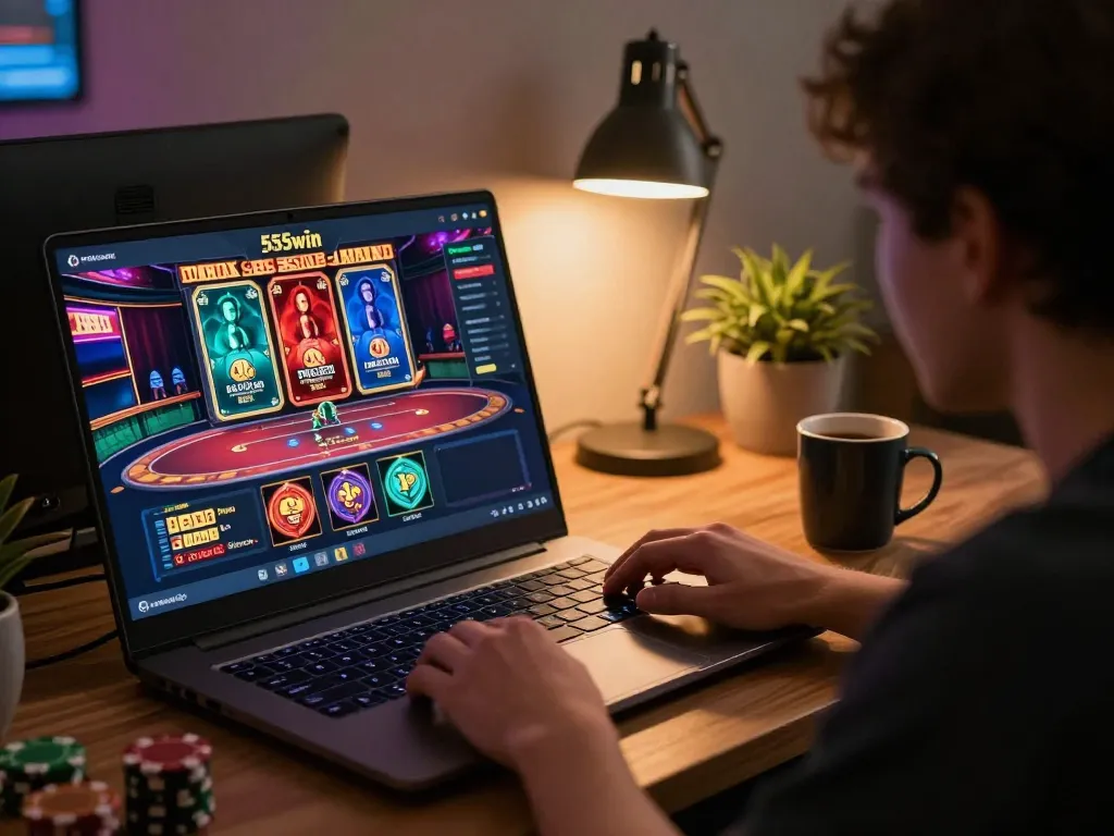 Experience casino gaming with 555win on a laptop, engaged in online betting strategy.