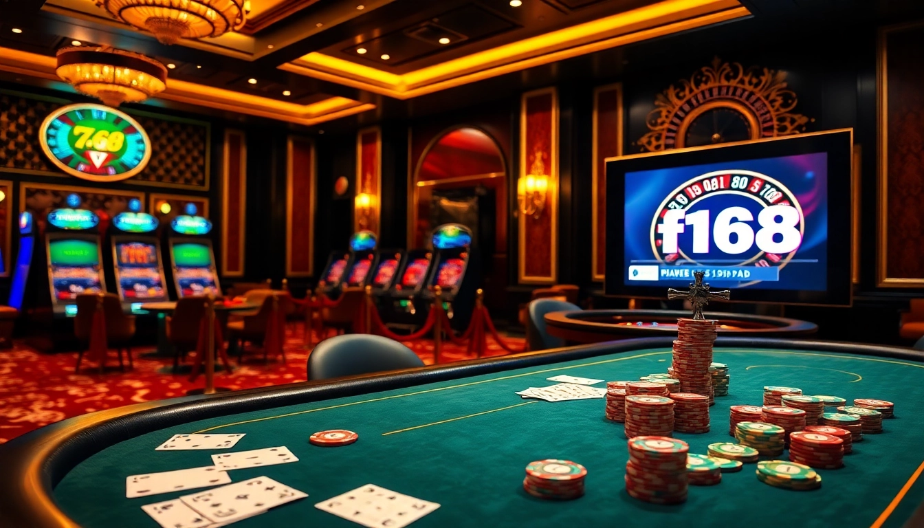Engaging scene of a poker table with action-packed gameplay highlighting f168 excitement in a luxurious casino.