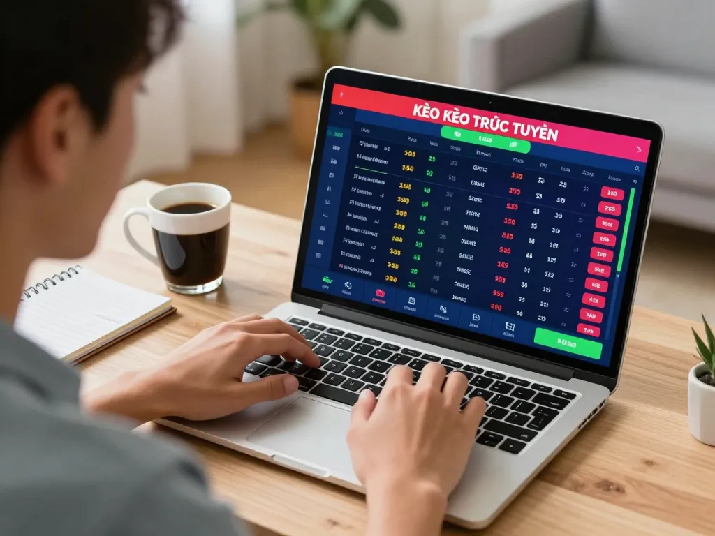 KÈO TRỰC TUYẾN odds displayed on a laptop while a user engages in sports betting strategy.