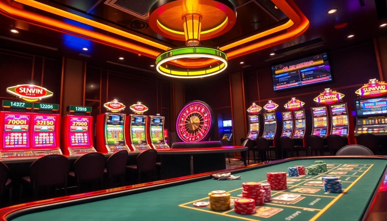 Players enjoying immersive games at Sunwin casino, with vibrant tables and slots.