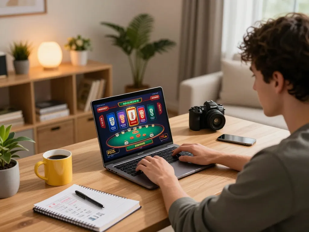 bästa casino utan svensk licens - Engaged gamer exploring online casino options at home.