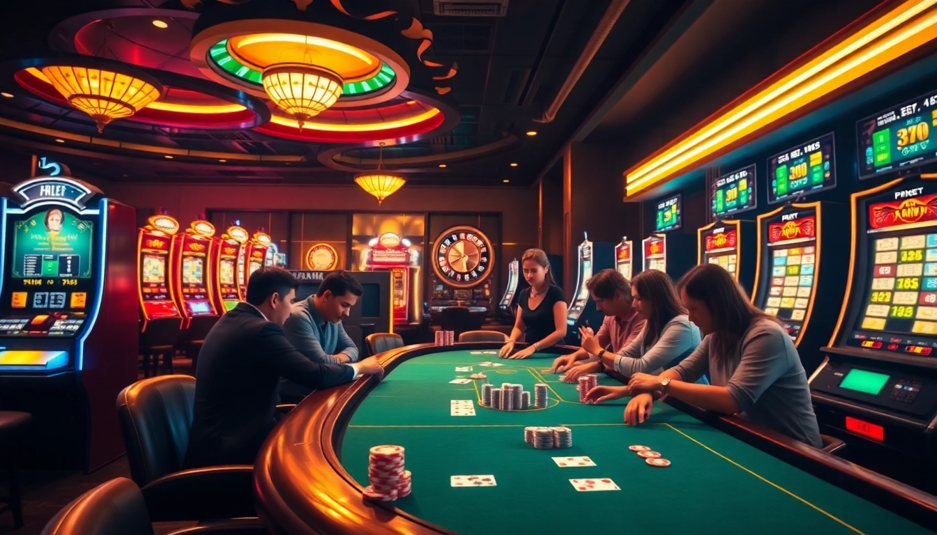 Exciting casino scene at https://nk88vip.it.com/ with poker players, slot machines, and roulette.