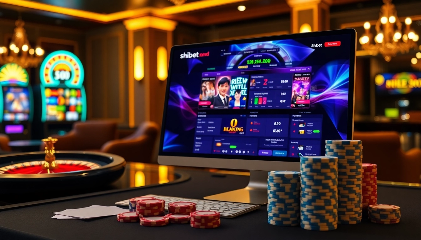 shbet engaging gamblers in an upscale casino environment with poker chips and a roulette wheel.
