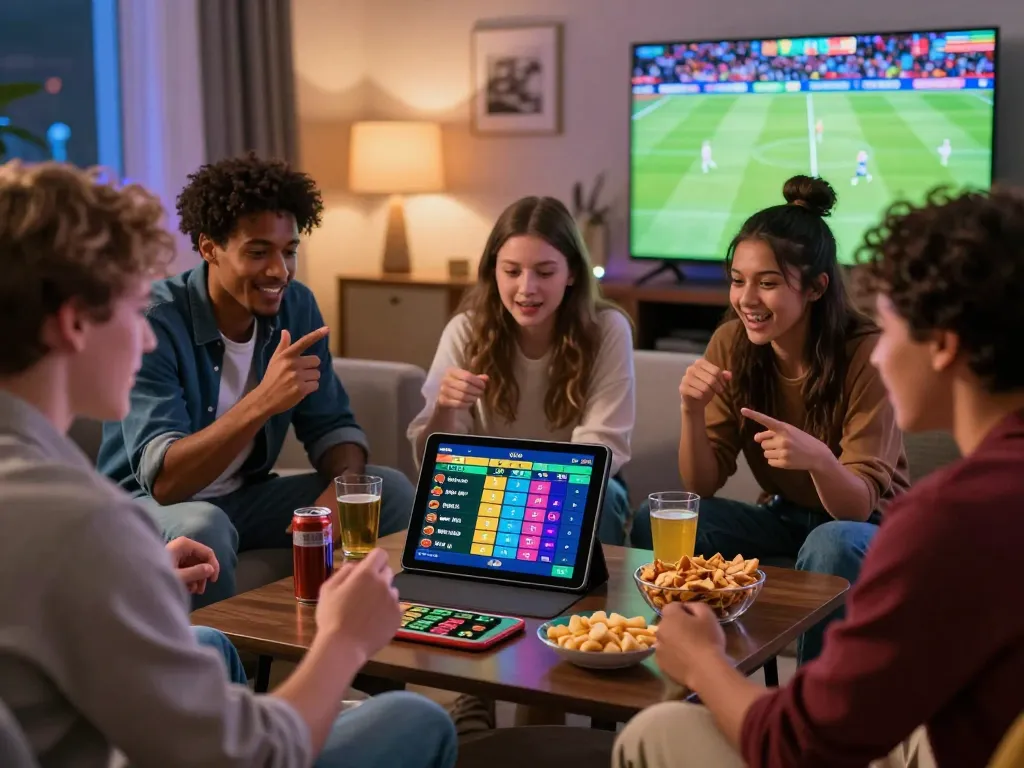 Friends placing bets on Zbet in a lively living room with snacks and a sports match on TV.