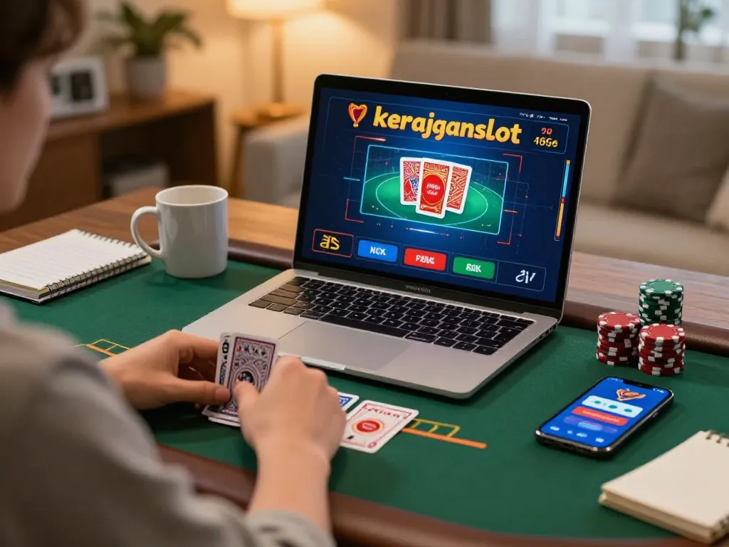 Engaging in kerajaanslot live dealer blackjack at a cozy home setup, screen shows game interface.