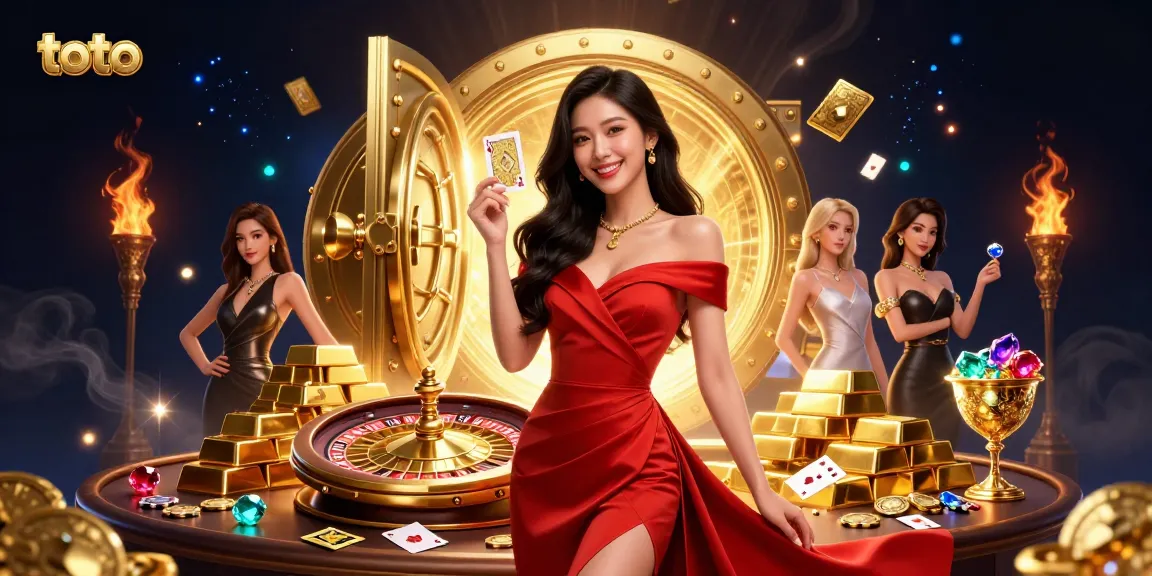 Engage in toto games with stunning visuals of a confident woman by a golden roulette wheel.