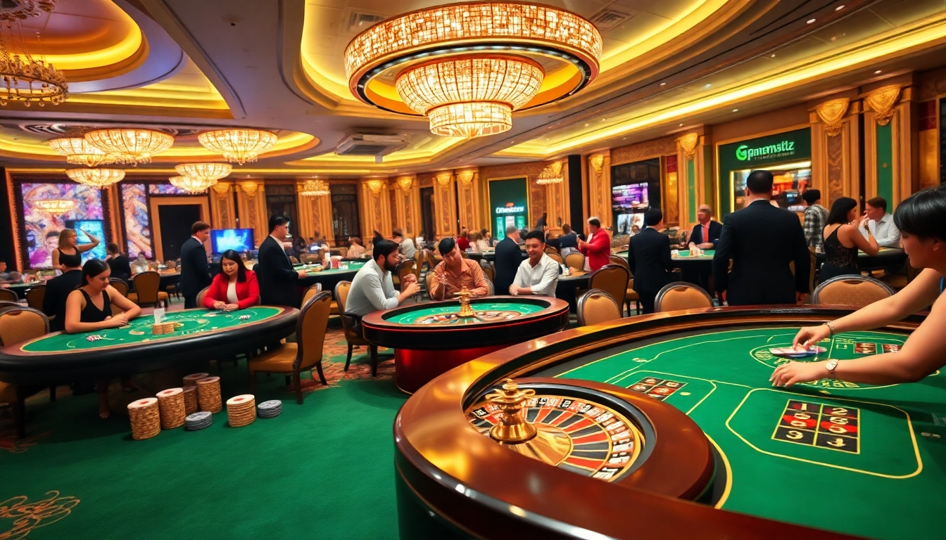 Exciting gameplay at Hi88's luxurious casino floor with players engaging in various games.