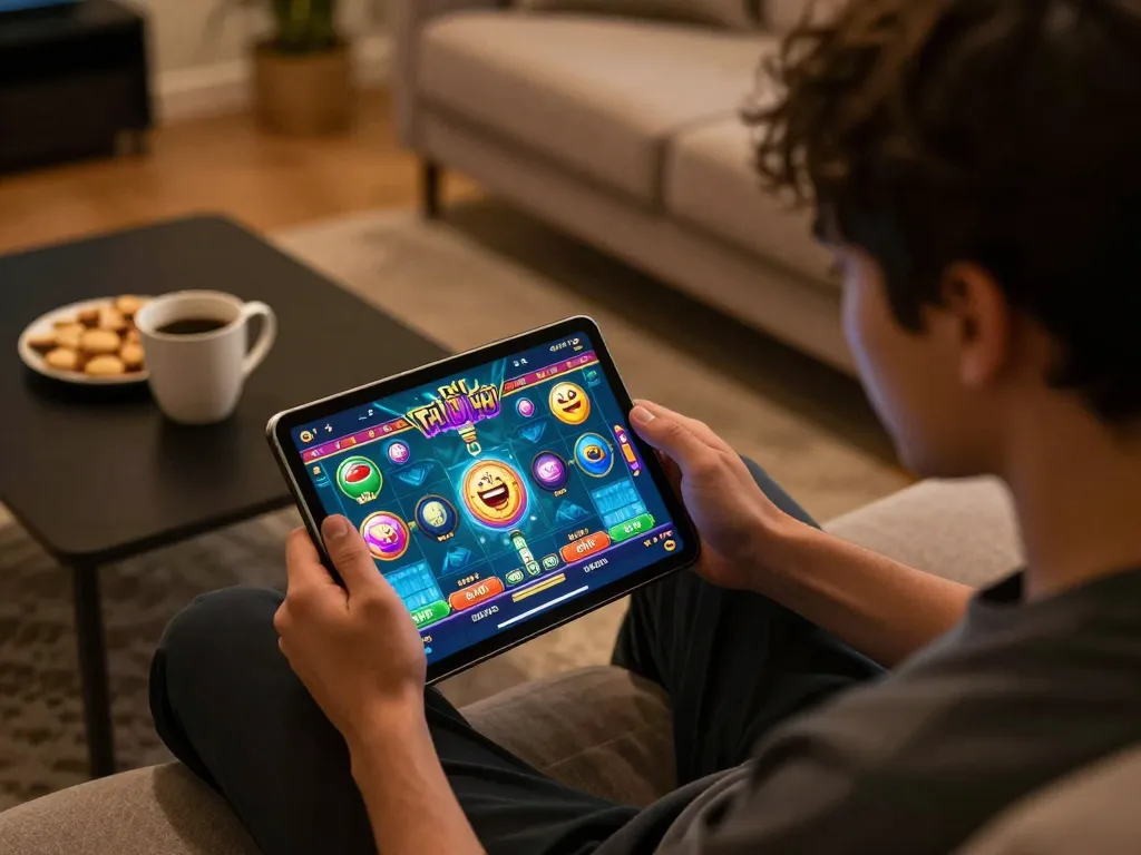 Engaged player using vvvwin to enjoy Tài Xỉu Nổ Hũ in a cozy home setting with tablet and snacks.