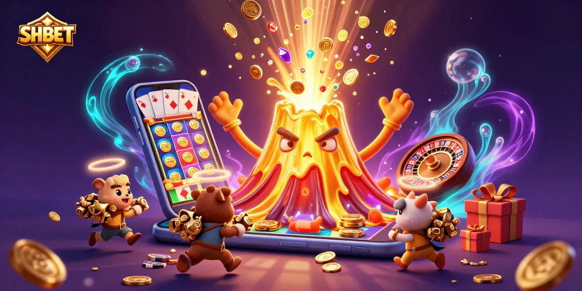 Join the excitement at SHBET, where treasures erupt from fantasy volcanoes in this thrilling casino scene.
