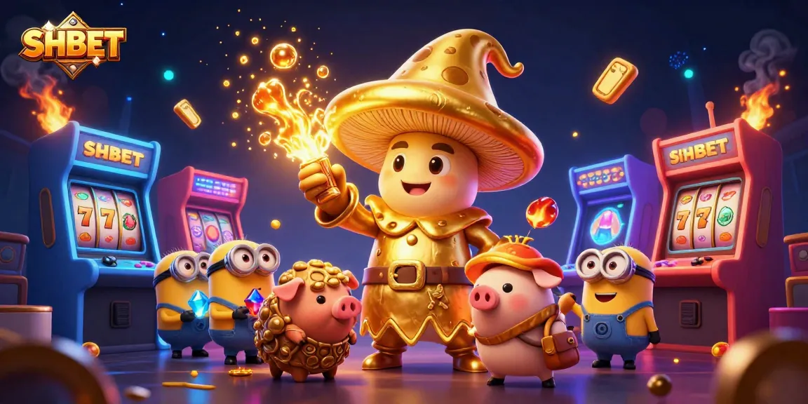 Experience top-notch gaming with SHBET's golden wizard and treasures in a vibrant casino scene.