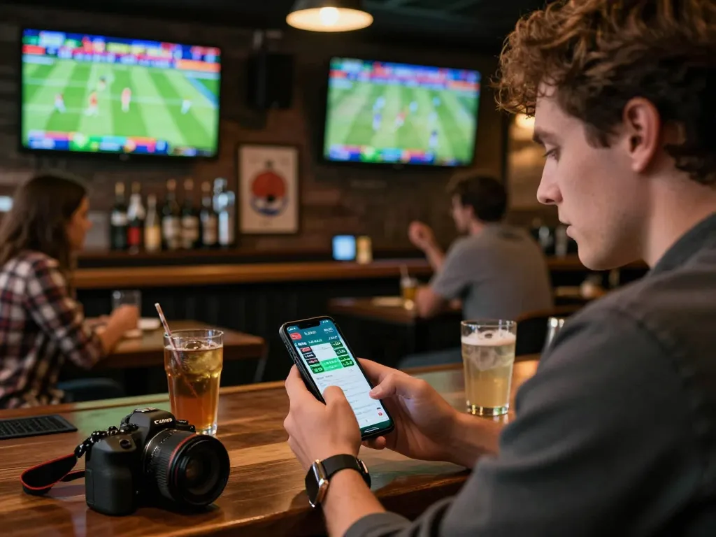 Engaging sports betting moment featuring ty le keo nha cai displayed on smartphone in a lively sports bar.
