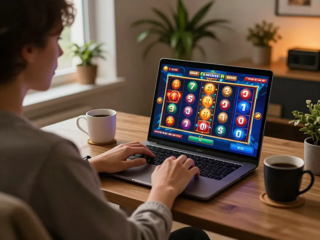 Engaging in demo slot gameplay on a laptop at home, featuring bright graphics and cozy atmosphere.