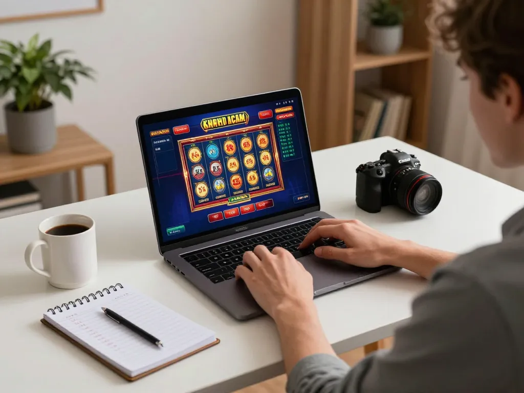 Kuwin online gaming setup showing player engaged in slot machine game on laptop