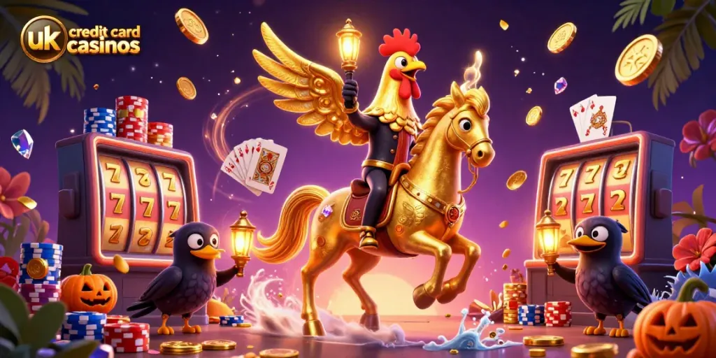 Experience thrilling gameplay at uk credit card casinos with golden rooster and friends in a lively casino