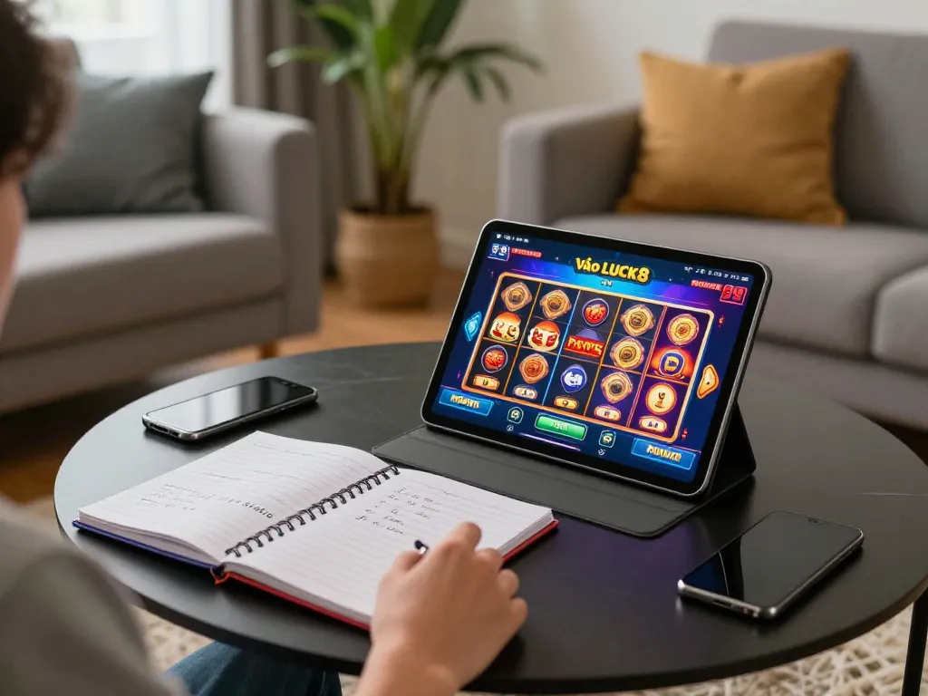Engaging in Vào LUCK8 online gaming on a tablet in a cozy home setting with betting strategies visible.