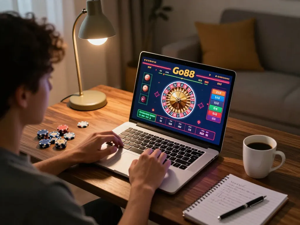 Player engaging in a thrilling Go88 online game on a laptop with a vibrant roulette interface and cozy atmosphere.