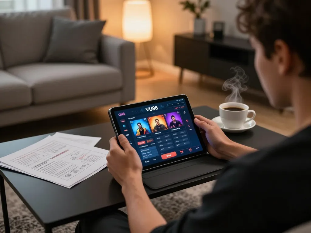 Player enjoying the VU88 casino app on a tablet in a cozy home gaming setup.