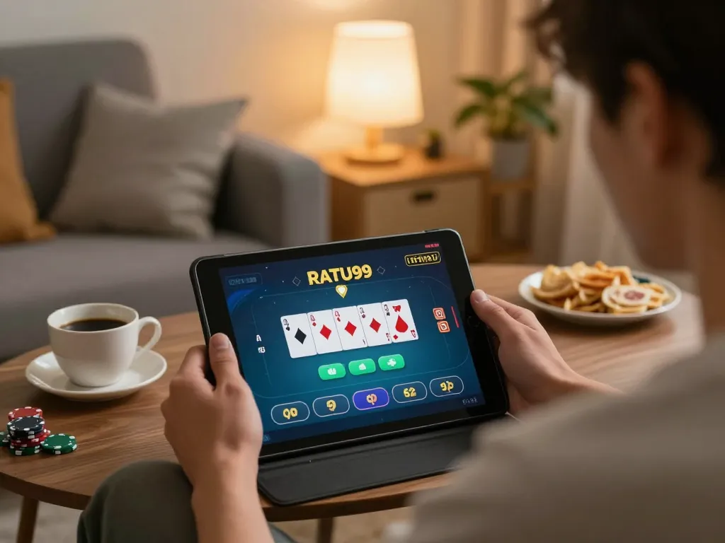 Pemain menikmati permainan poker online di RATU99 di lingkungan rumah yang nyaman, menekankan fokus dan strategi.