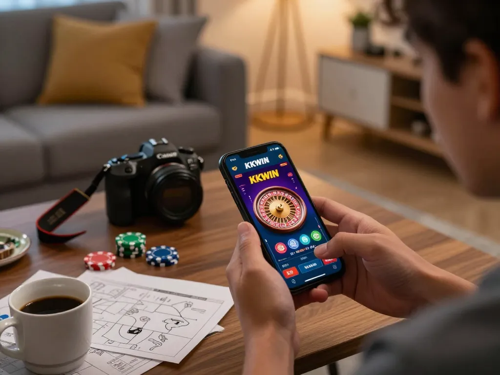 Engaging with the KK WIN app on smartphone, showcasing an immersive gaming experience at home.