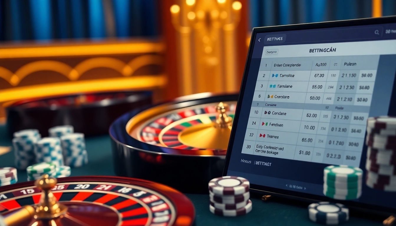 Engage in kèo nhà cái strategies with a luxurious online gambling setting, featuring roulette and betting slips.