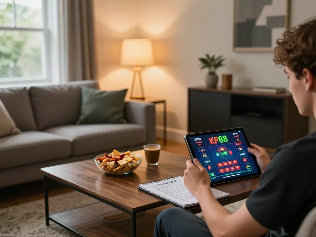 Enjoying a game on KP88 app in a cozy living room with warm lighting