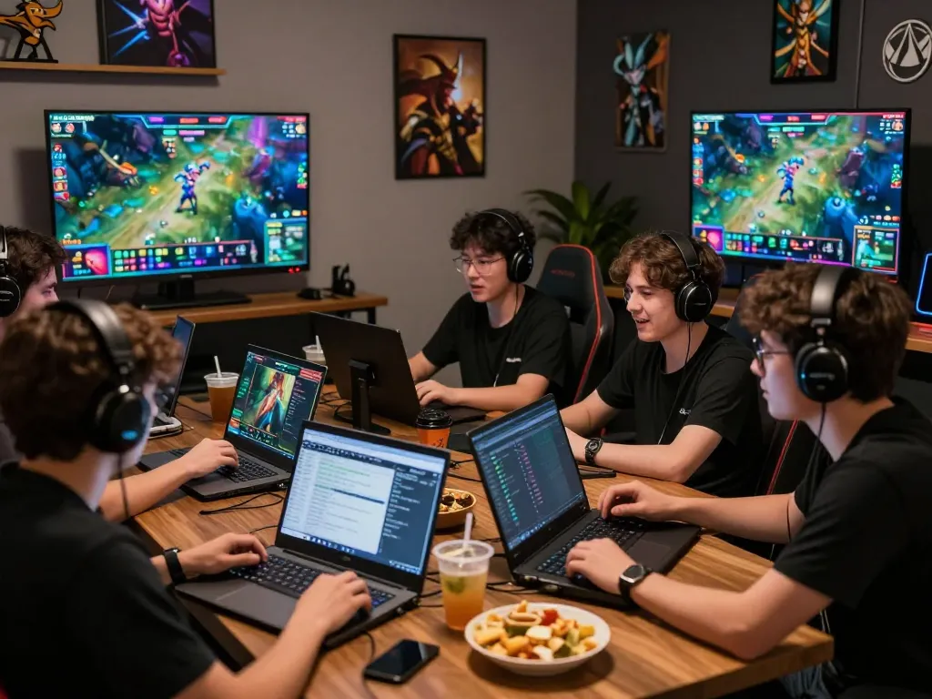 Dota 2 betting enthusiasts in a lively gaming lounge watching matches and placing bets.