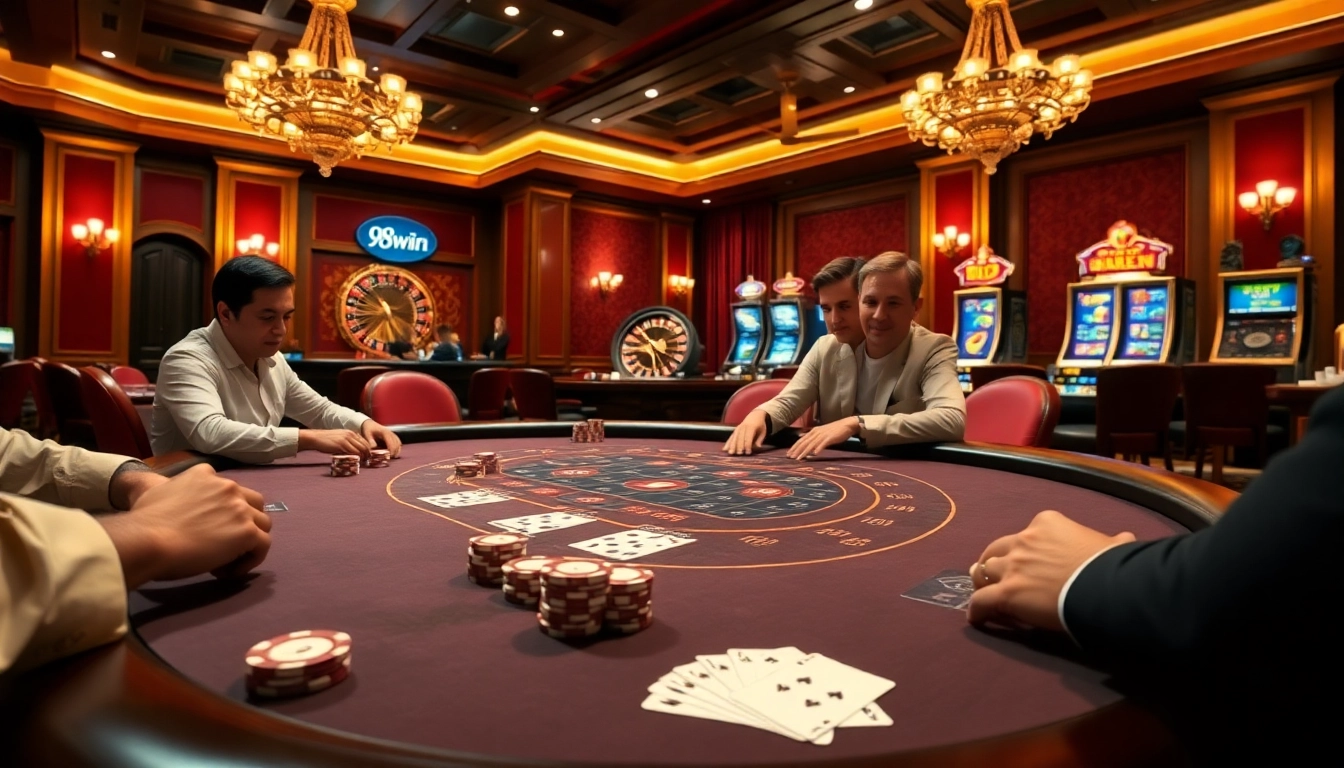 Experience the excitement of gambling at 98win with a vibrant poker table and luxurious casino ambiance.