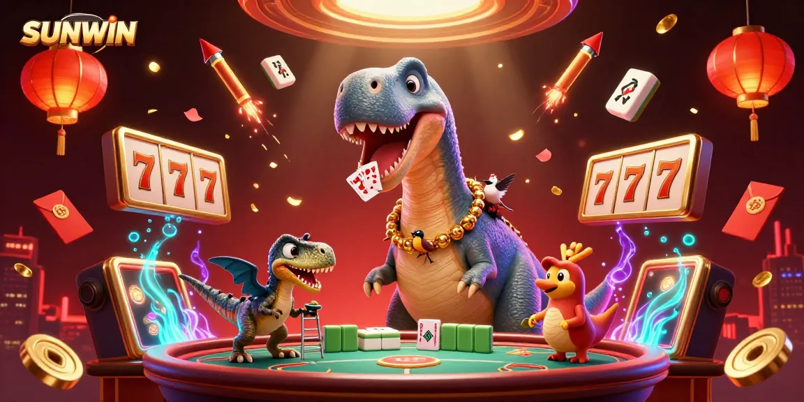 Experience thrilling gameplay with SUNWIN's vibrant casino atmosphere, featuring a majestic brontosaurus, lively characters, and casino elements.