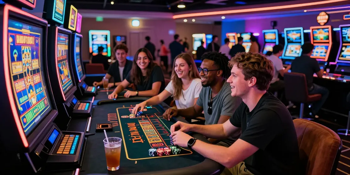 Engaging gaming experience at https://663bet.com.pk/ with friends enjoying slot machines and live dealer tables in a vibrant lounge.