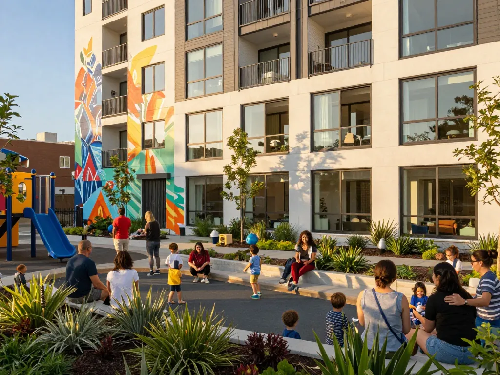 Five88 affordable housing community in San Francisco with residents enjoying outdoor spaces and vibrant architecture.