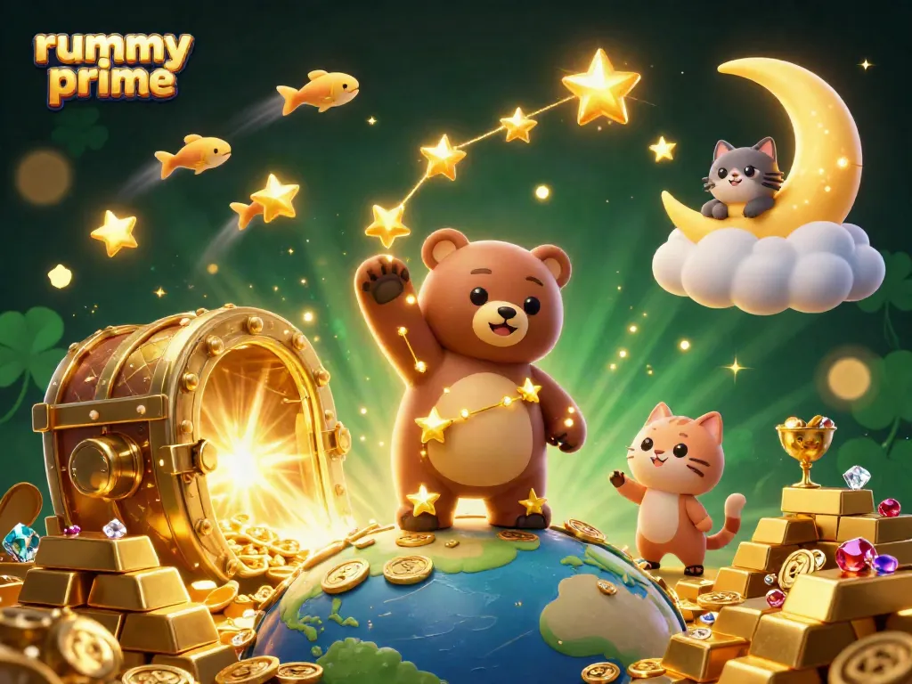 Engage with rummy prime as a constellation bear scoops coins amidst treasures in a whimsical gambling scene.