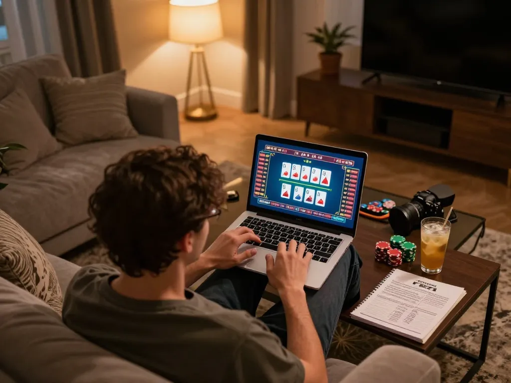 Engaging in poker gameplay on shbet com from a cozy home setup, showcasing strategic action.