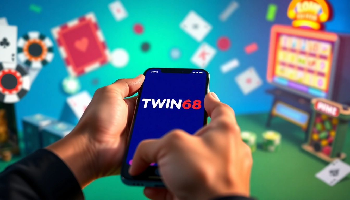 Tải app twin68 on a smartphone with vibrant gambling icons in the background.