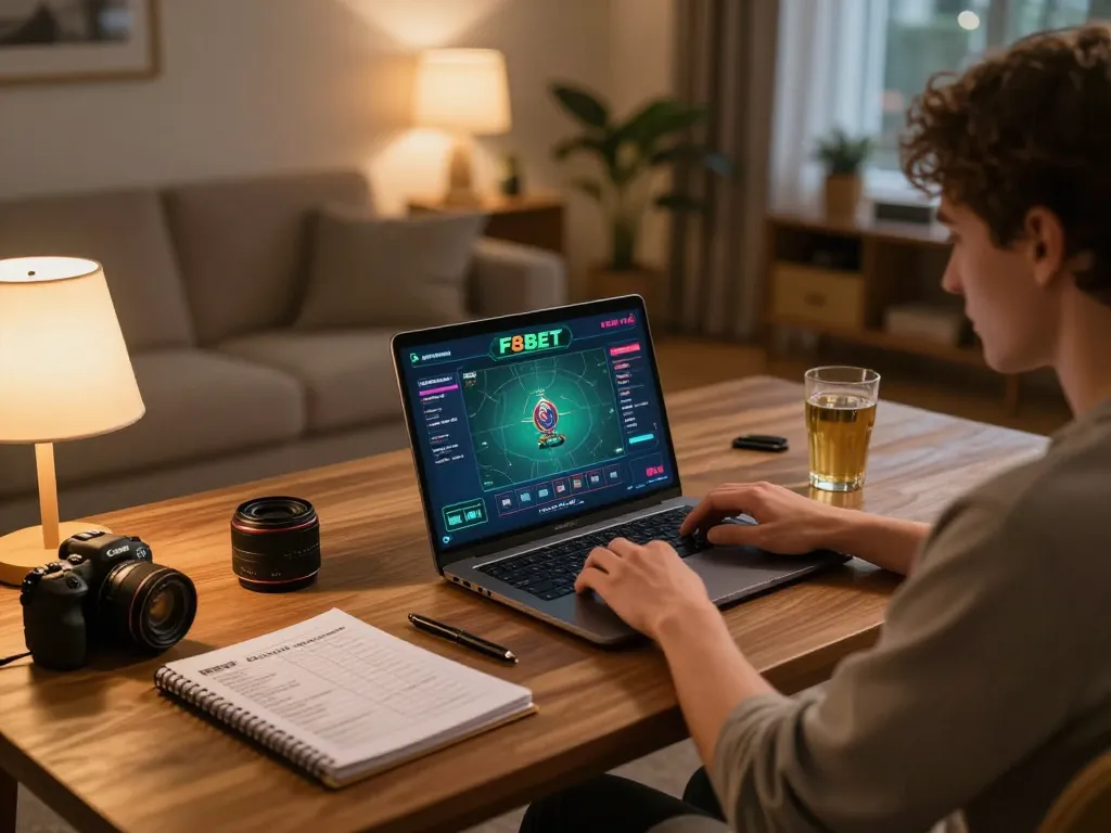Player enjoying an online game at F8BET, surrounded by strategic notes and a cozy atmosphere.