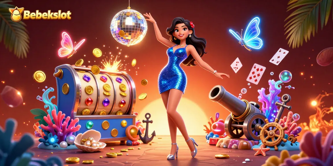 Bebekslot showcases a glamorous dancer in a glittering scene filled with slot games and vibrant elements.
