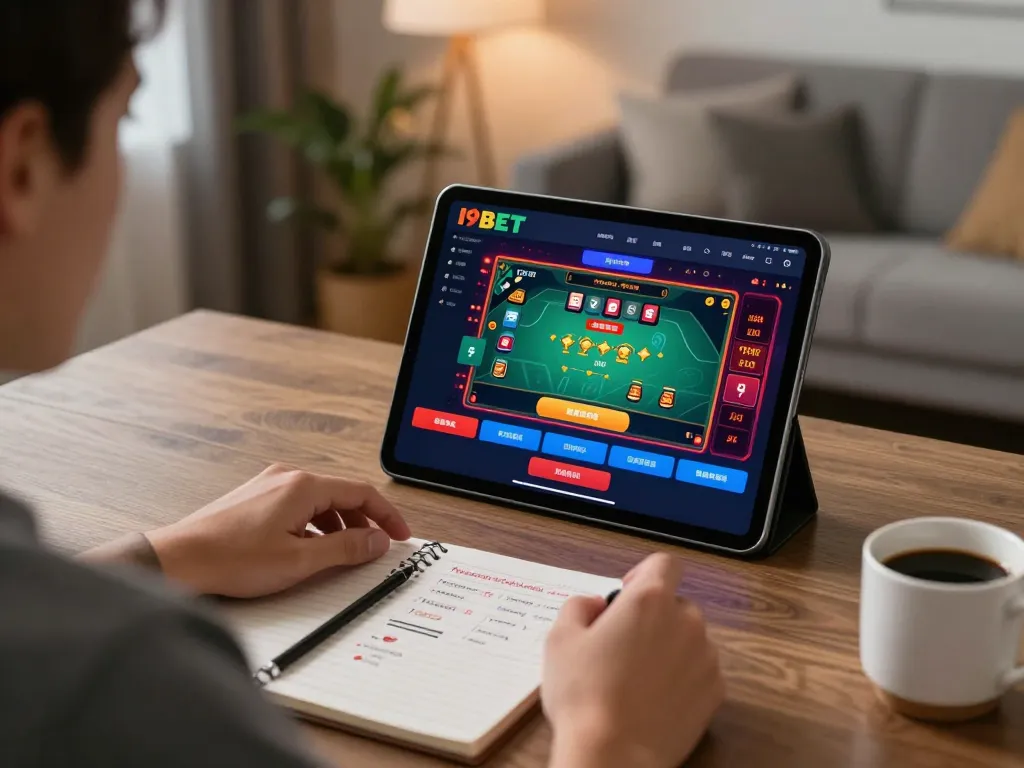I9BET user enjoying live dealer games on tablet in a cozy home office setting