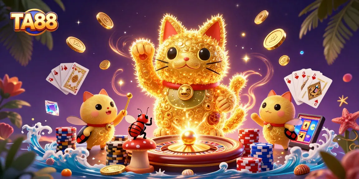 Engage in a vibrant TA88 gaming world filled with golden coins, roulette wheels, and lucky symbols.