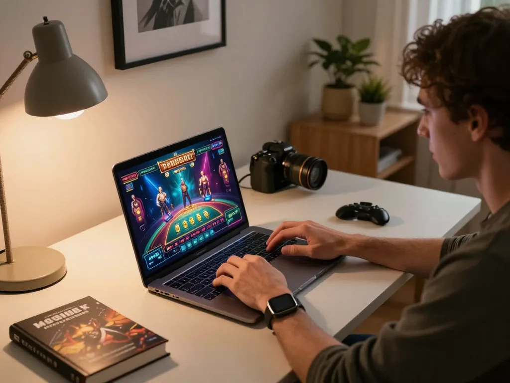 Sunwin player engaged in online casino gaming at laptop, showcasing excitement and strategy.